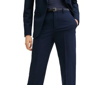 Mango Belted Trousers, Size 14, Navy